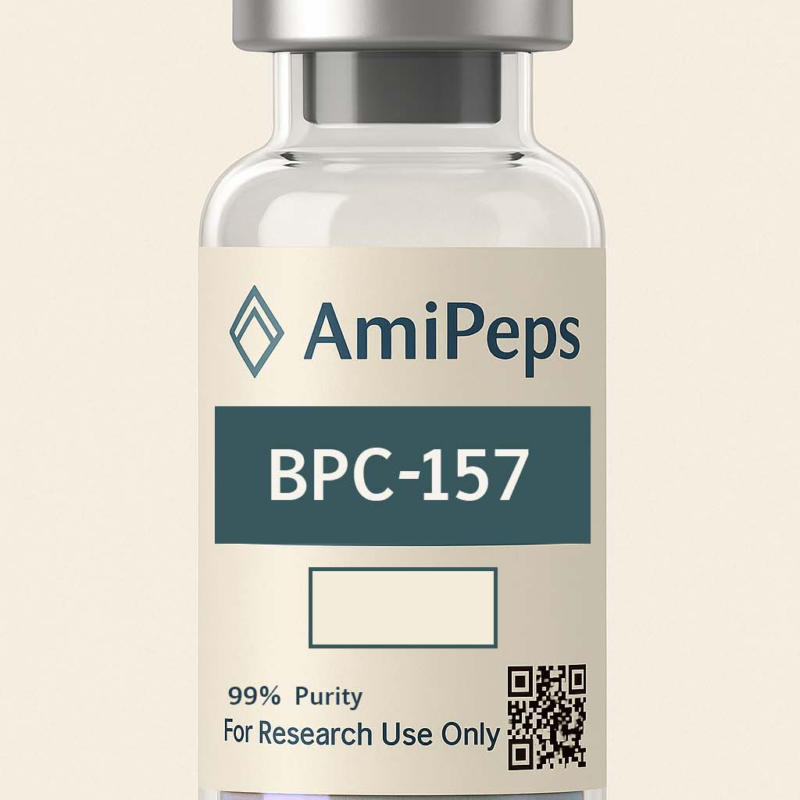 A Beige and green 3ml vial of AmiPeps BPC-157